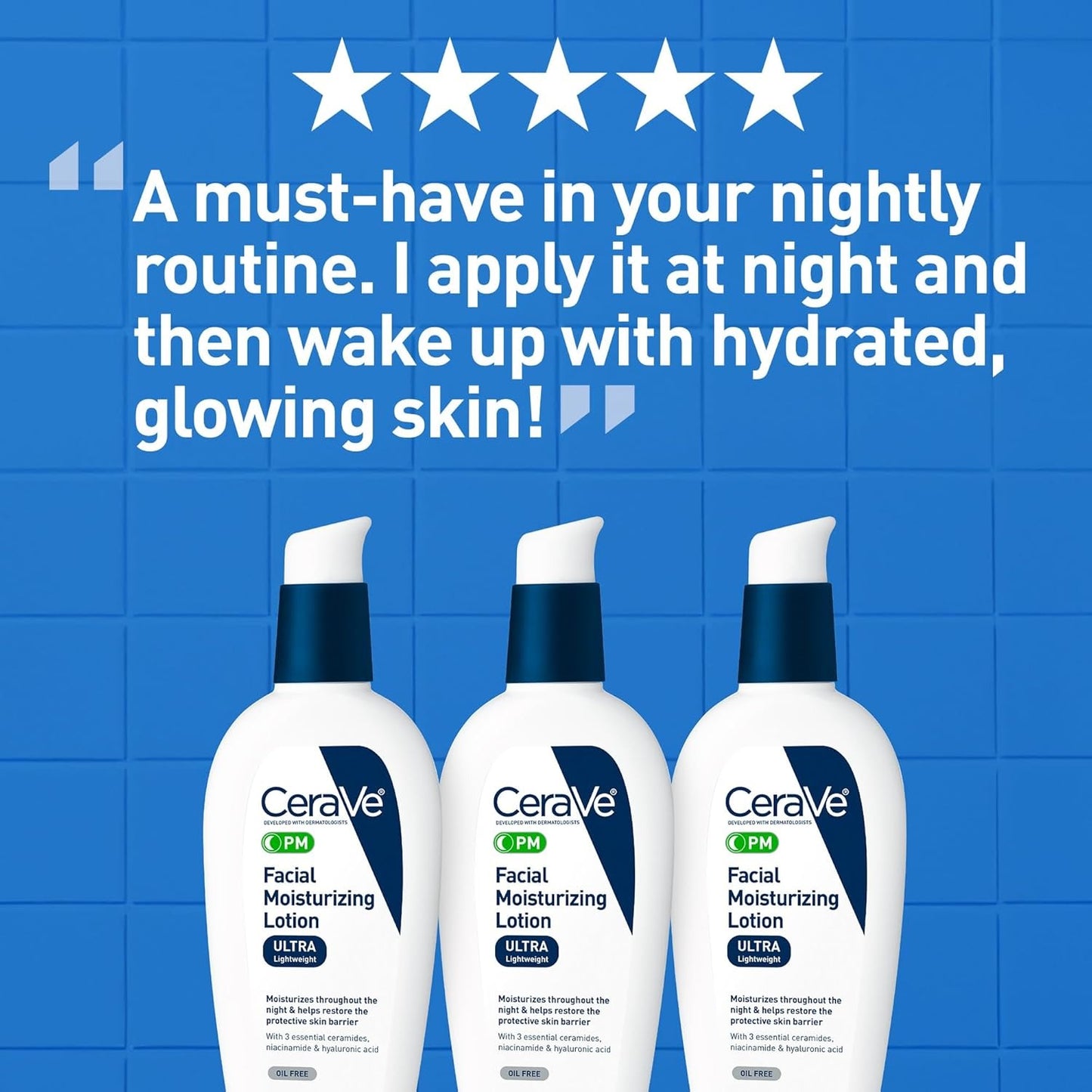 CeraVe PM Facial Moisturizing Lotion Night Cream – Hyaluronic Acid & Niacinamide 3 oz