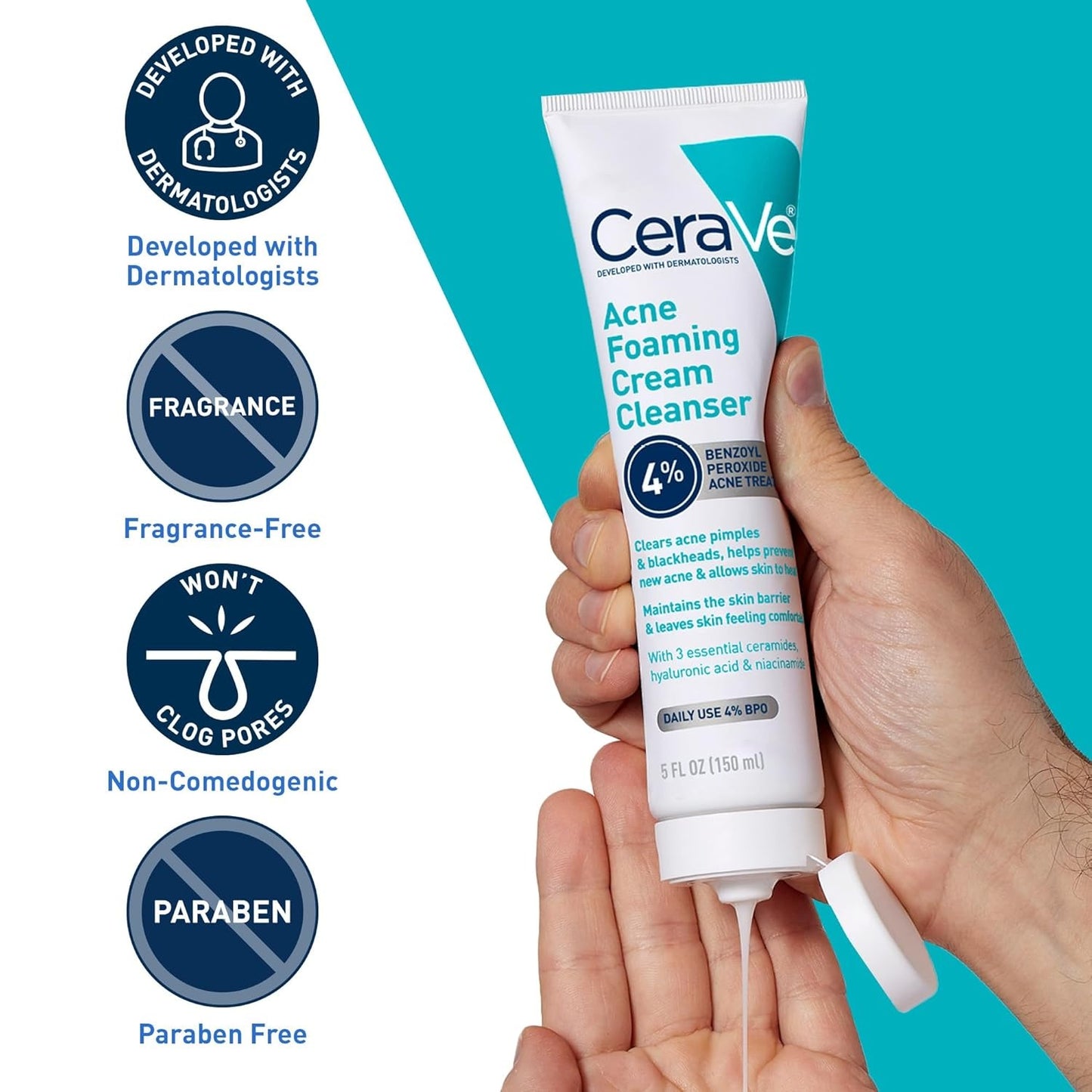 CeraVe Acne Foaming Cream Cleanser with 4% Benzoyl Peroxide – Acne Treatment Face Wash